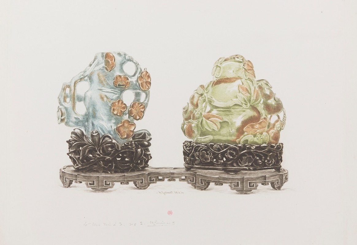 Henri-Charles Guérard - Deux sujets de jade et leur socle, sur un présentoir