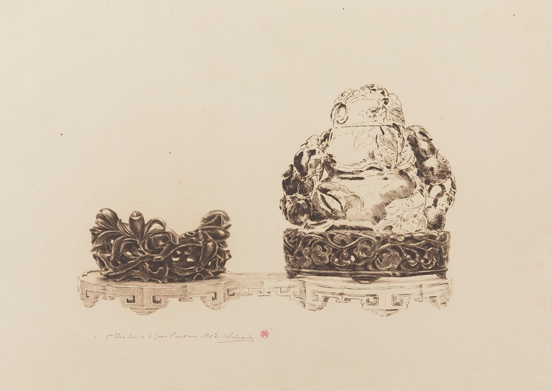 Henri-Charles Guérard - Deux sujets de jade et leur socle, sur un présentoir