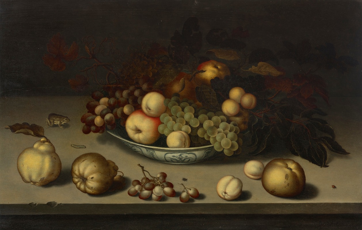 Balthasar van der Ast - Grapes, apples, peaches and apricots in a Wan-li bowl, with quinces, a frog, a caterpillar, a fly and a beetle on a stone ledge