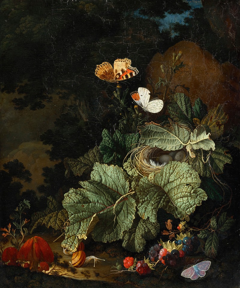 Elias van den Broeck - A forest floor still life with a bird’s nest, toadstools, snails, boysenberries, aurora, and common blue butterflies