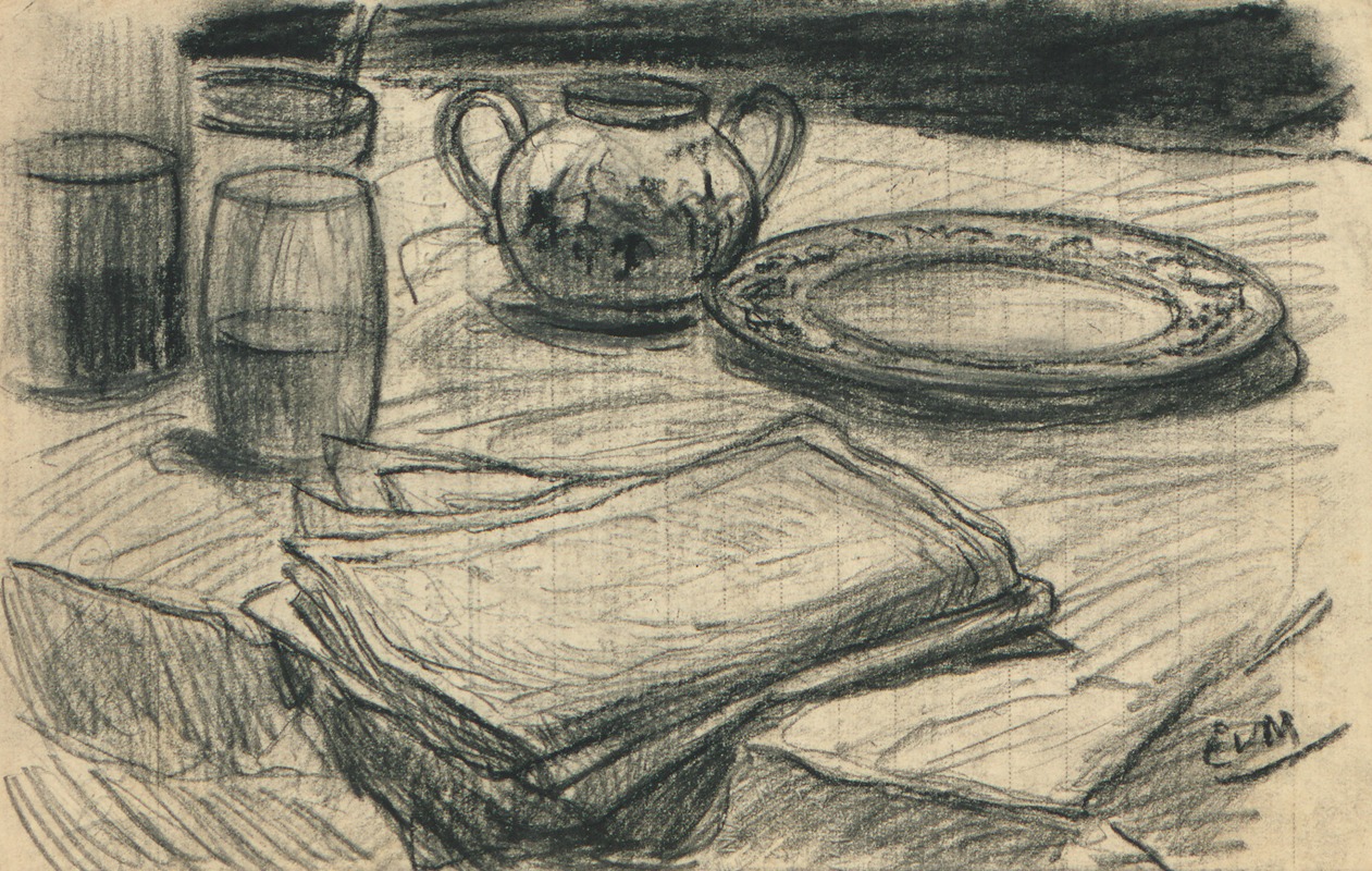 Eugeen Van Mieghem - Een bord, een glas, een suikerpot en een serviette op een tafel.
