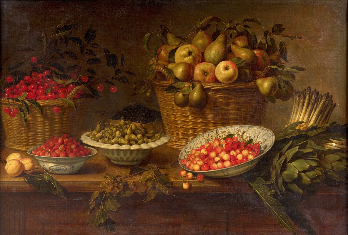 François Garnier - Basket of cherries, bowls of wild strawberries and hazelnuts, baskets of blueberries, pears and quinces