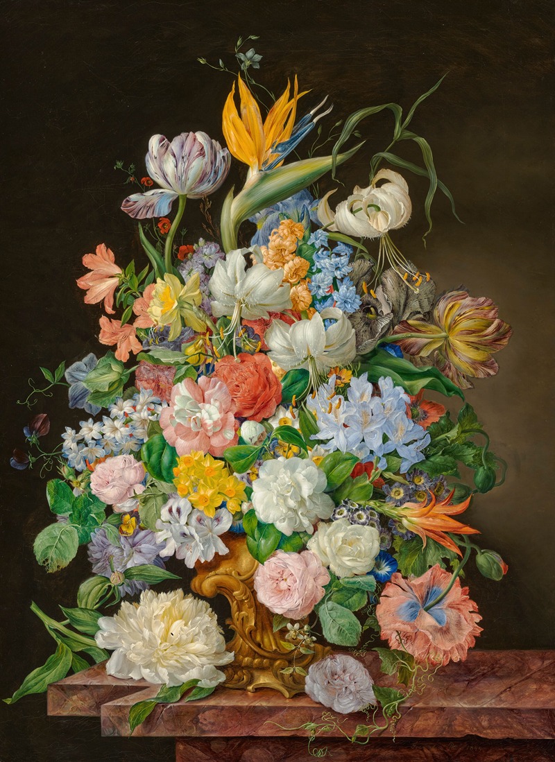 Franz Xaver Petter - A bird of paradise, roses, tulips and other flowers in a gilt bronze vase on a stone ledge