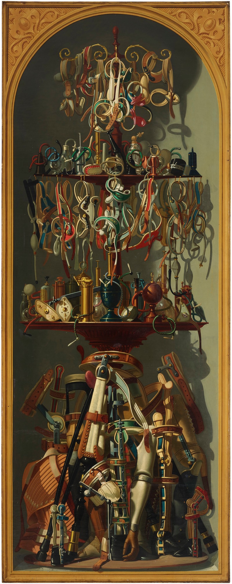 French School - Still lifes depicting prosthetic arms, prosthetic legs, and medical instruments in a trompe l’oeil framed niche