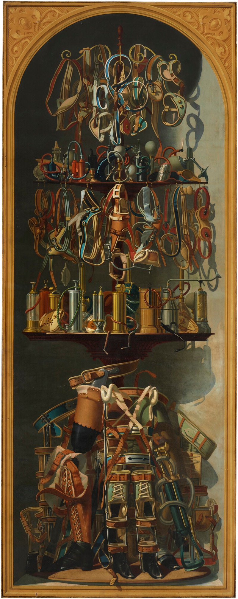 French School - Still lifes depicting prosthetic arms, prosthetic legs, and medical instruments in a trompe l’oeil framed niche