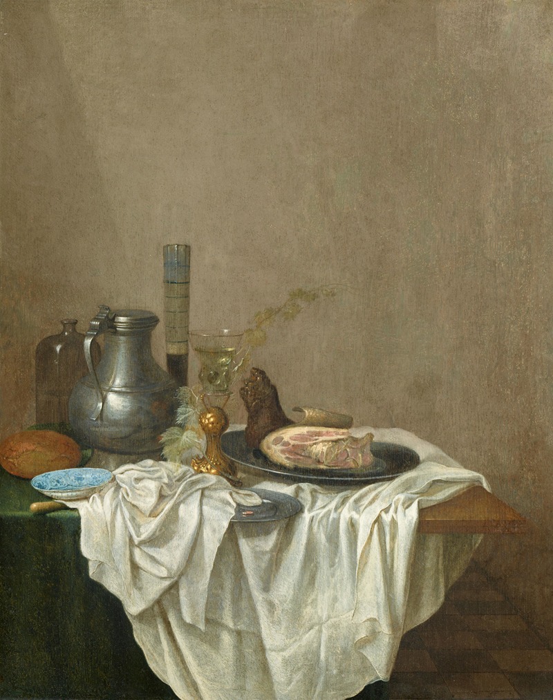 Gerrit van Vucht - Stillleben mit Zinnkrug, Gläsern, Schinken und Brot