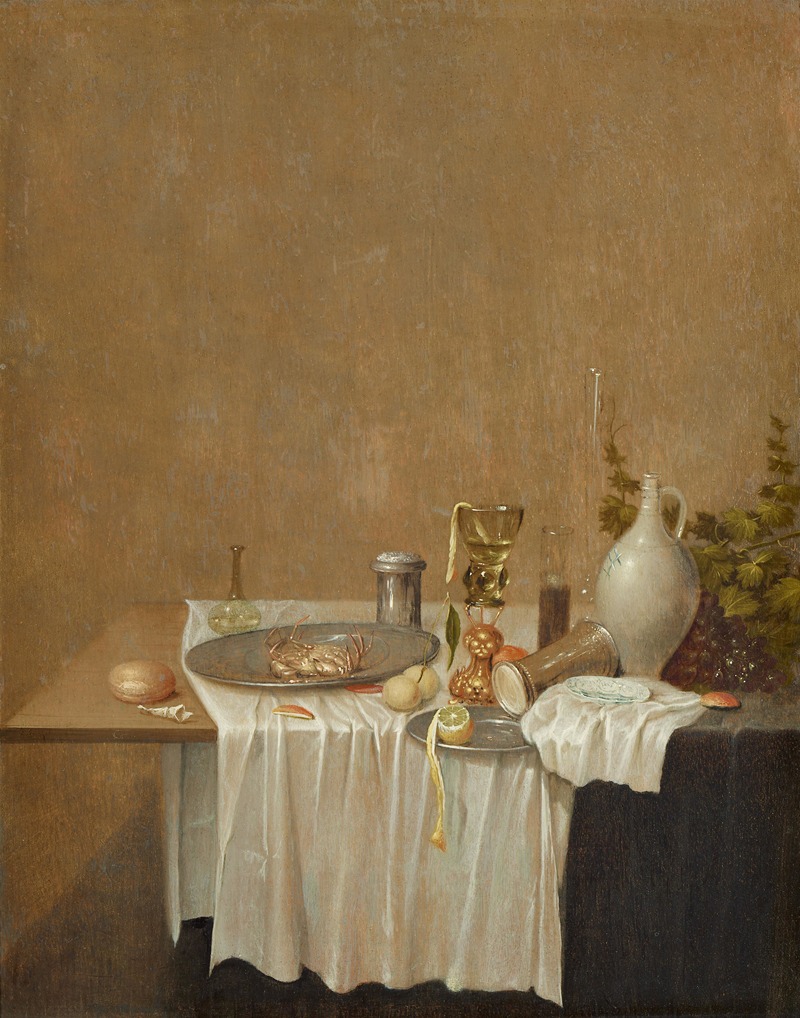Gerrit van Vucht - Stillleben mit Steinzeugkrug, Gläsern, Früchten, einer Krabbe und Brot