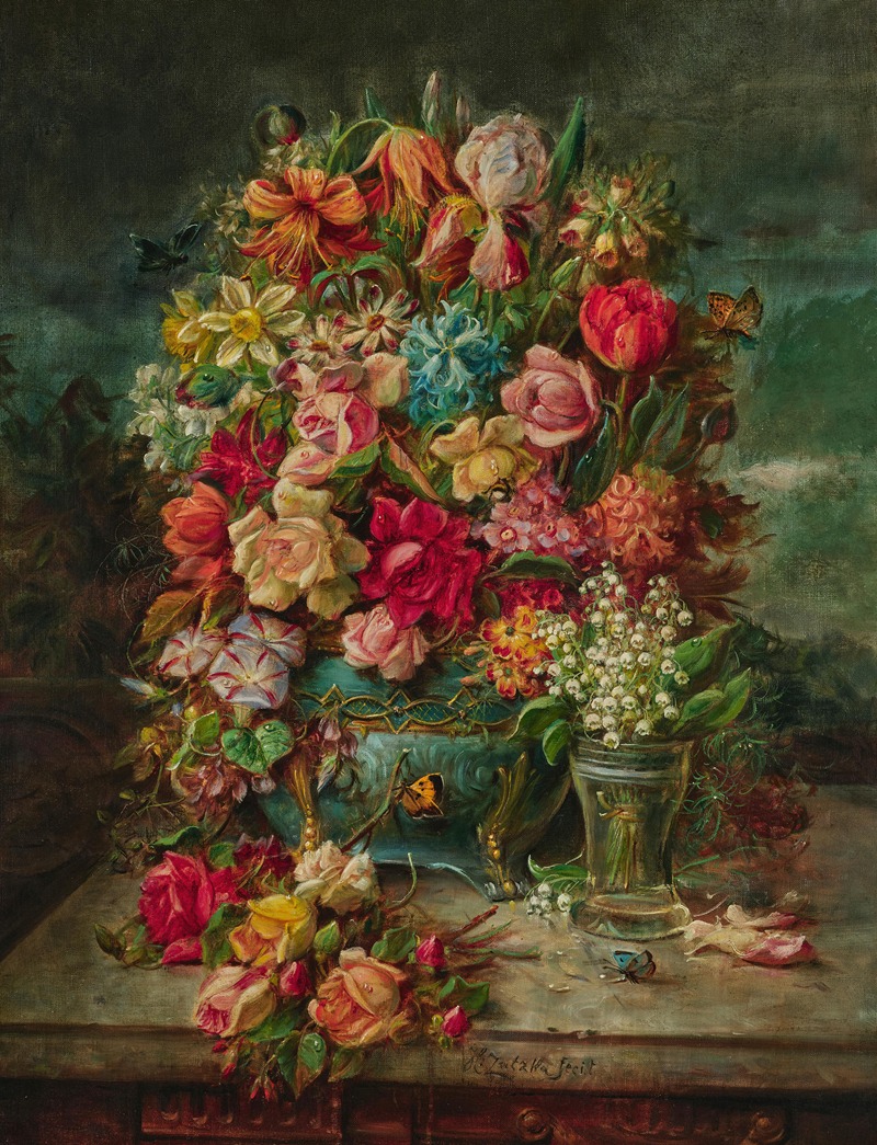 Hans Zatzka - A Large Bouquet of Flowers with Lily of the Valley in Vase