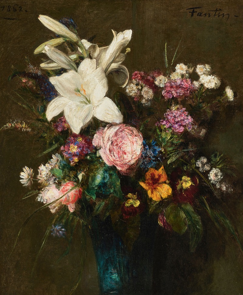 Henri Fantin-Latour - Lys et fleurs diverses dans un vase bleu