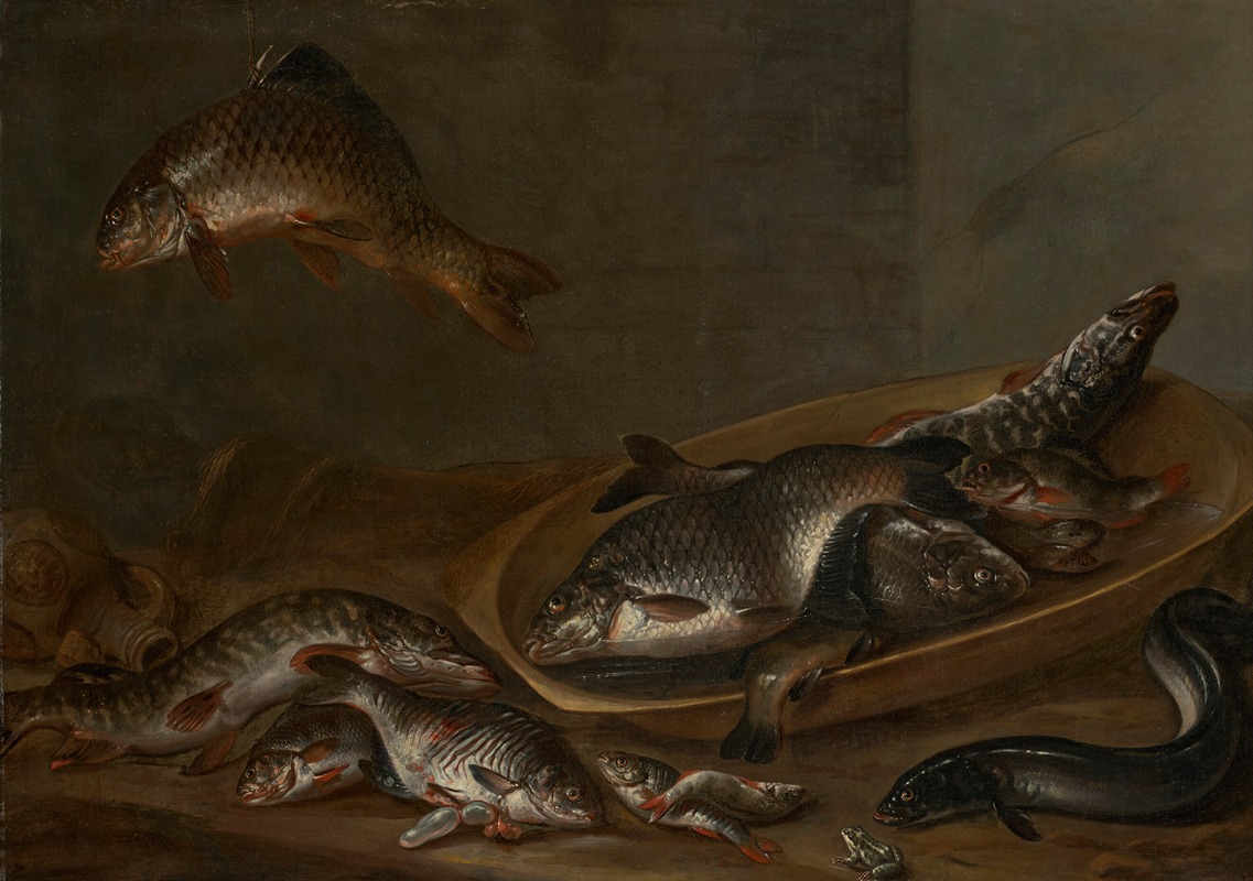 Isaac van Duynen - Freshwater fish, an eel and a frog, on a table