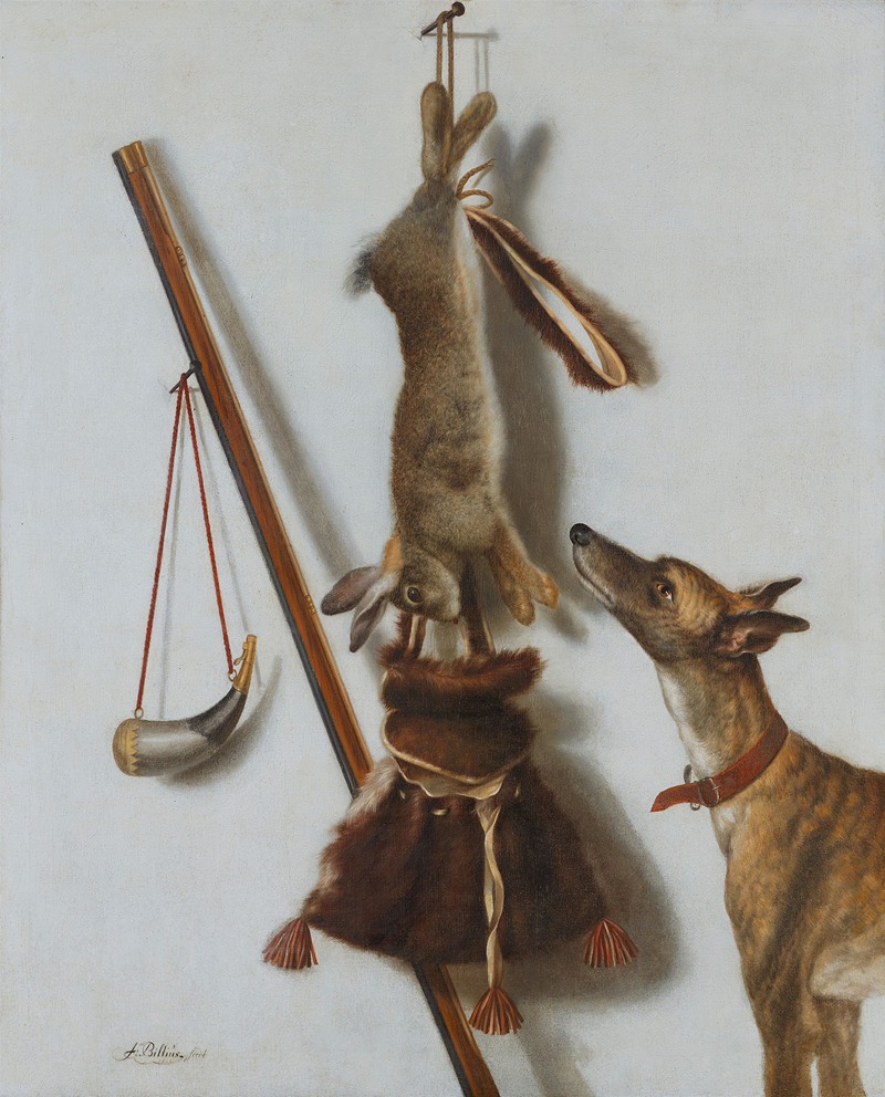 Jacob Biltius - Trompe- l’Œil mit erlegtem Kaninchen, Jagdutensilien und einem Jagdhund vor einer weißen Wand