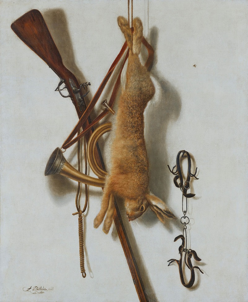 Jacob Biltius - Trompe-l’Œil mit einem erlegten Hasen und Jagdutensilien vor einer weißen Wand