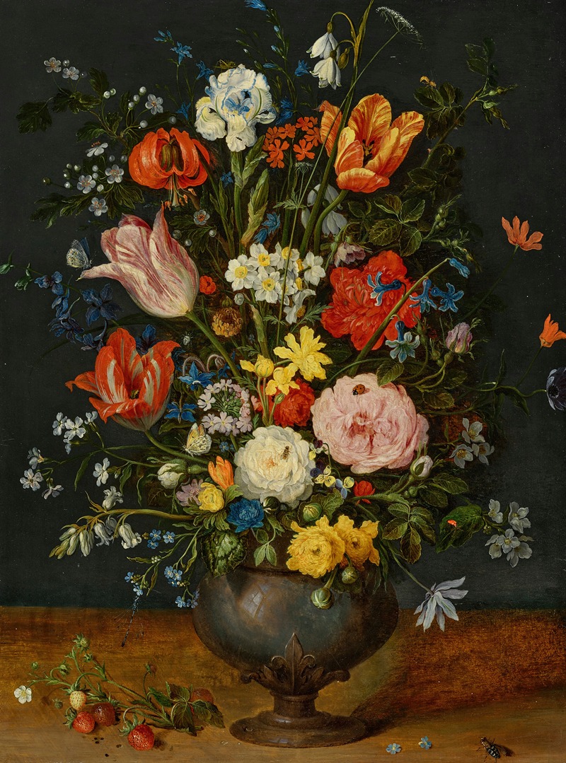Jan Brueghel the Younger - Roses, parrot tulips, narcissi, a lily, a delphinium, borage, moss roses, forget-me-nots, viola and other flowers in a pewter vase