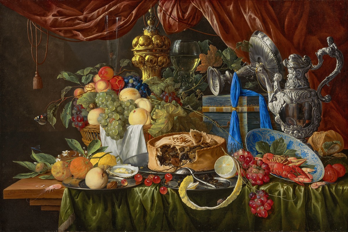 Jan Davidsz de Heem - A pie on a pewter plate, a partially peeled lemon and overturned silver spoon on a pewter plate
