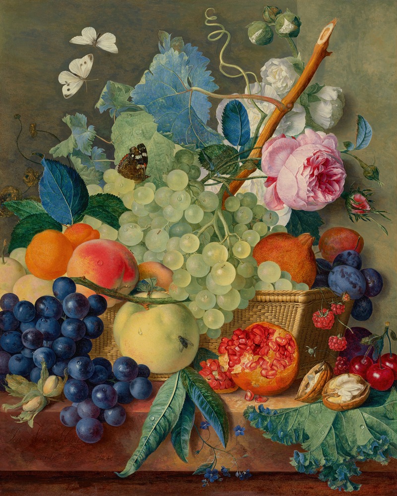 Jan van Huysum - Fruit, roses and peonies in a basket with hazelnuts on a marble ledge
