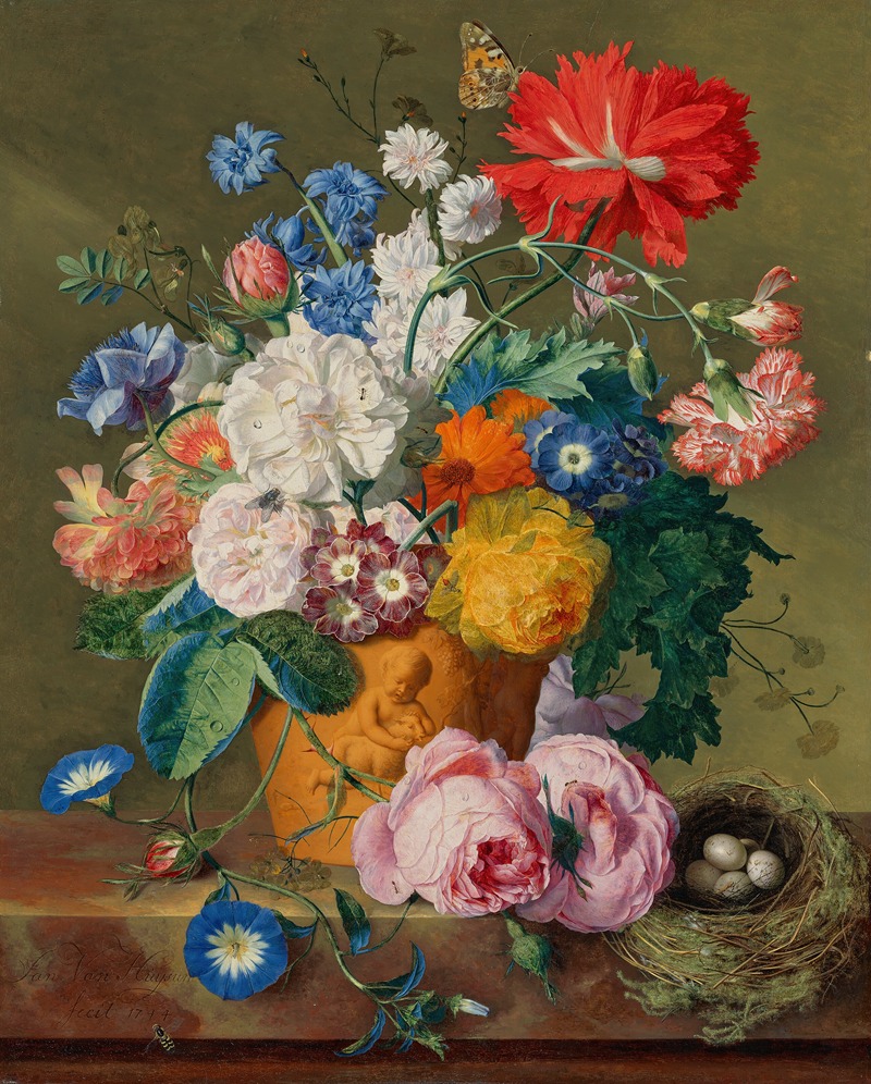 Jan van Huysum - Roses and other flowers in a terracotta vase with a bird’s nest on a marble ledge