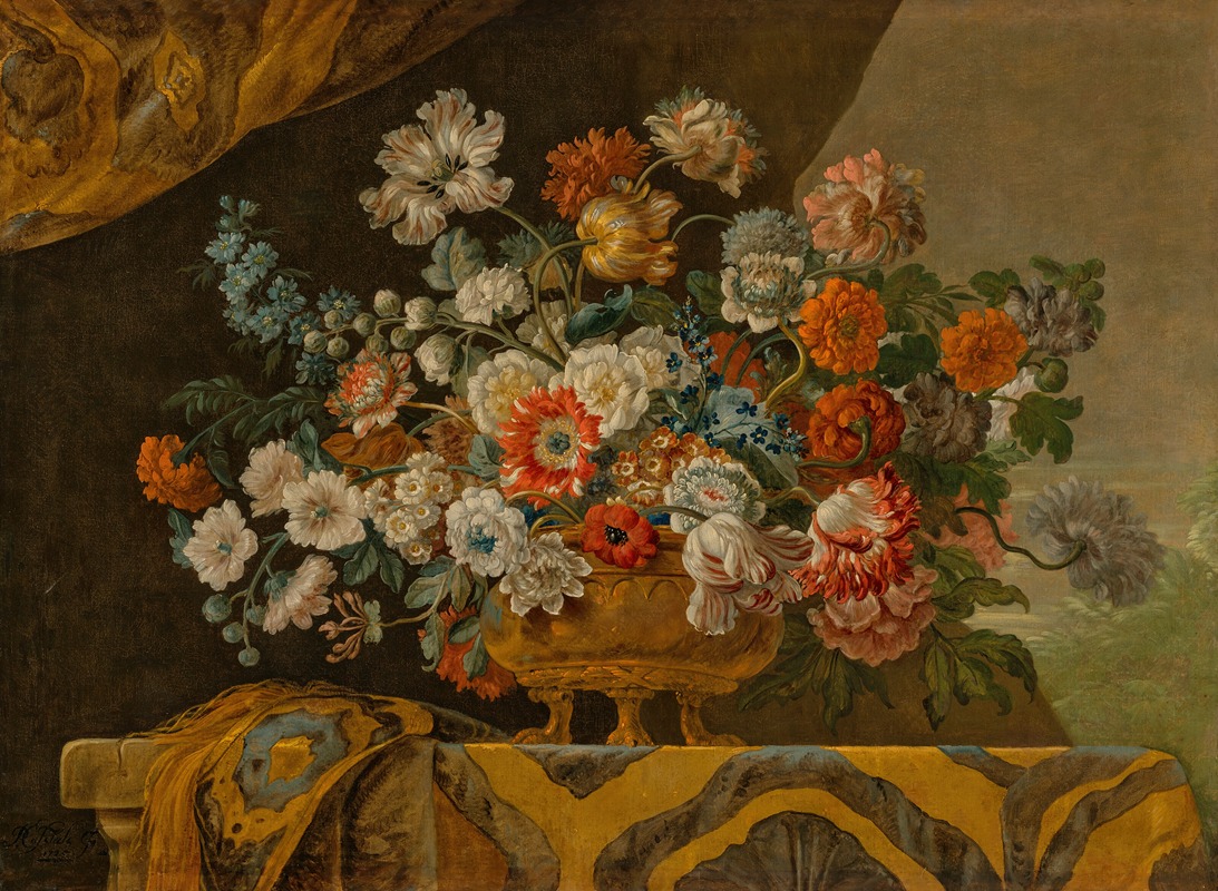 Pieter Casteels III - Tulips, poppies, roses, anemones and other flowers in an urn, on a draped stone ledge