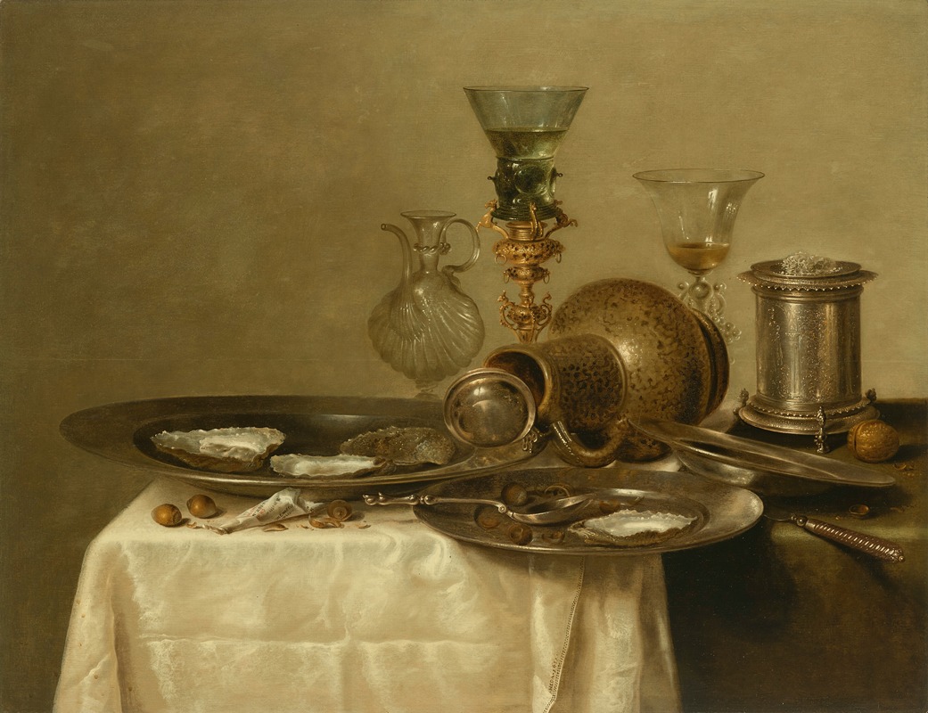 Willem Claesz Heda - Three pewter plates with oysters, an over-turned stoneware jug, a silver salt cellar, a glass carafe, a roemer on a gilt cupholder