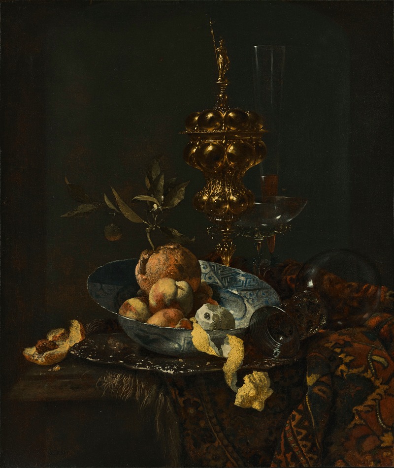 Willem Kalf - A gilt cup and cover, a roemer, a façon-de-venise glass, peaches, oranges and a peeled lemon in a porcelain bowl on a partially draped table