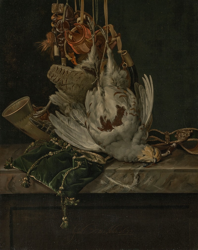 Willem van Aelst - A partridge, a hunting horn, hawking hoods and a gold-trimmed green velvet hunting bag hanging above a marble ledge