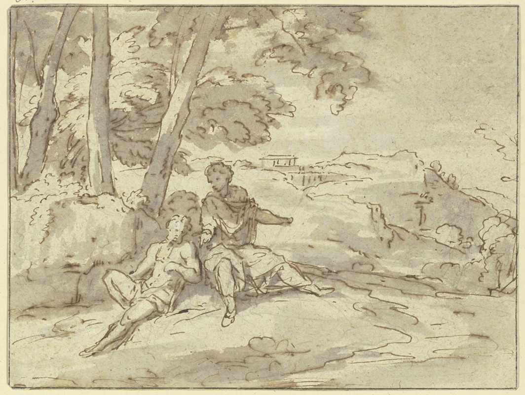 Abraham Genoels II - In einer Landschaft sitzen unter einer Baumgruppe zwei antike Figuren