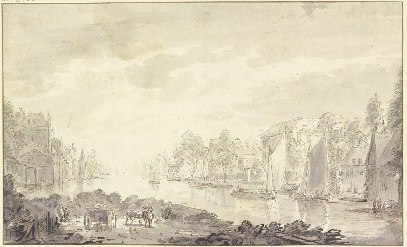 Abraham Rademaker - Stadtansicht am Fluss, vorne ein Wagen und Pferde