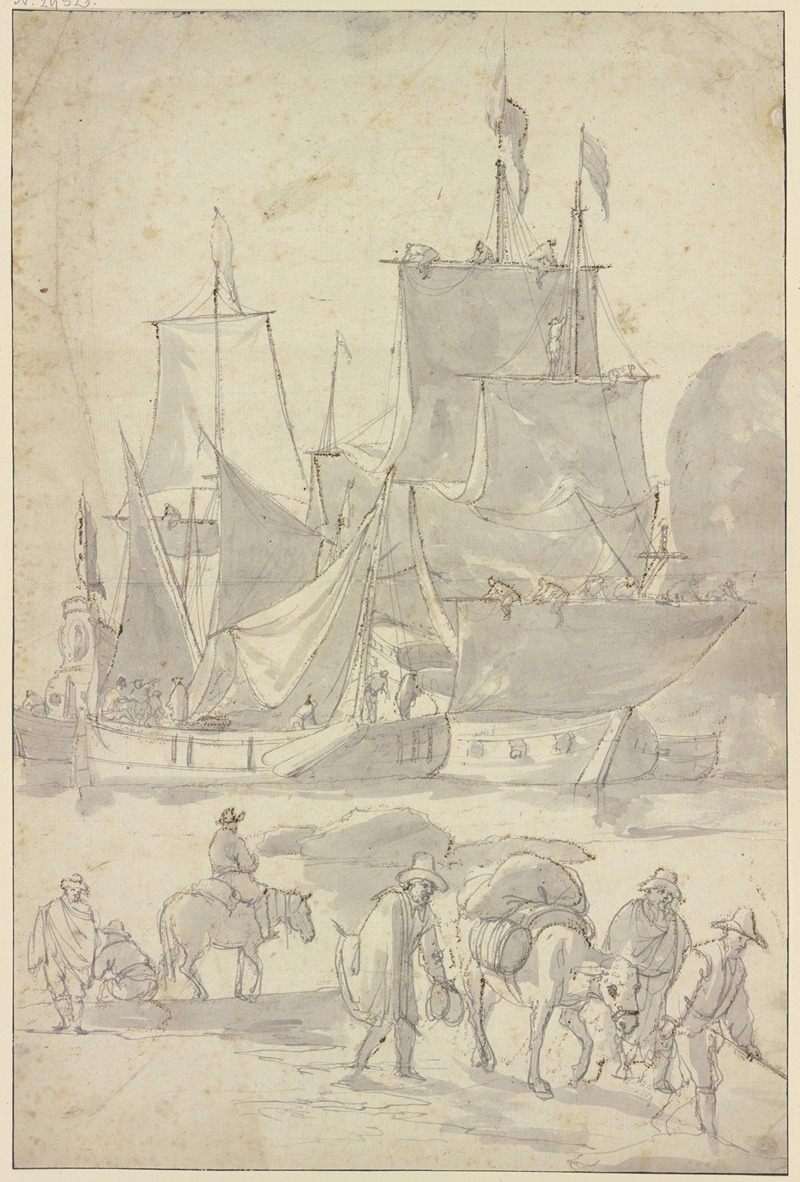 Abraham Storck - Schiffe im Hafen, vorne drei Männer mit einem beladenen Esel nach rechts