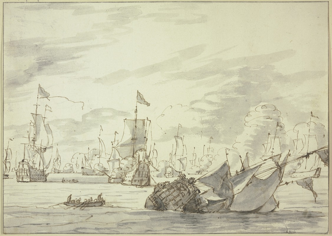 Abraham Storck - Seegefecht, vorne rechts ein sinkendes Schiff