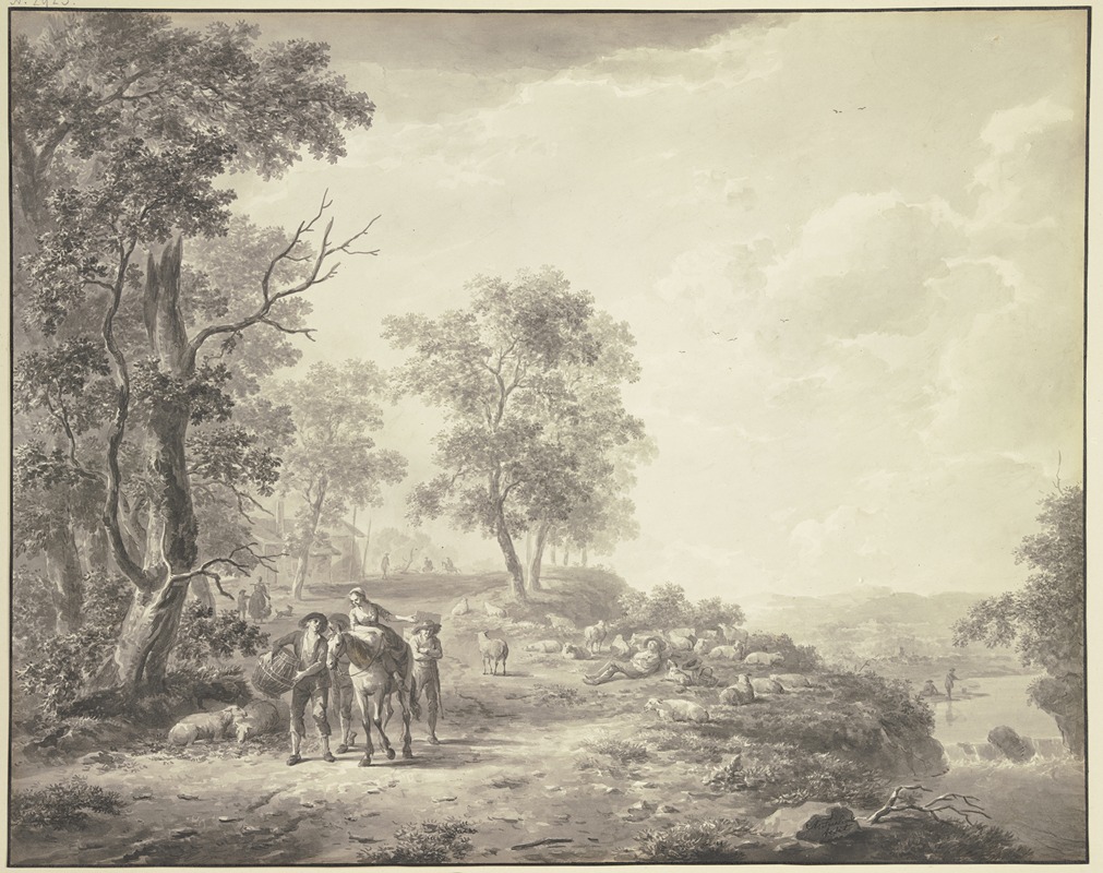 Abraham Teerlink - An einem Abhang ein schlafender Schäfer mit seiner Herde, weiter links eine Bäuerin zu Pferde umgeben von drei mit ihr zu Markte ziehenden Bauern