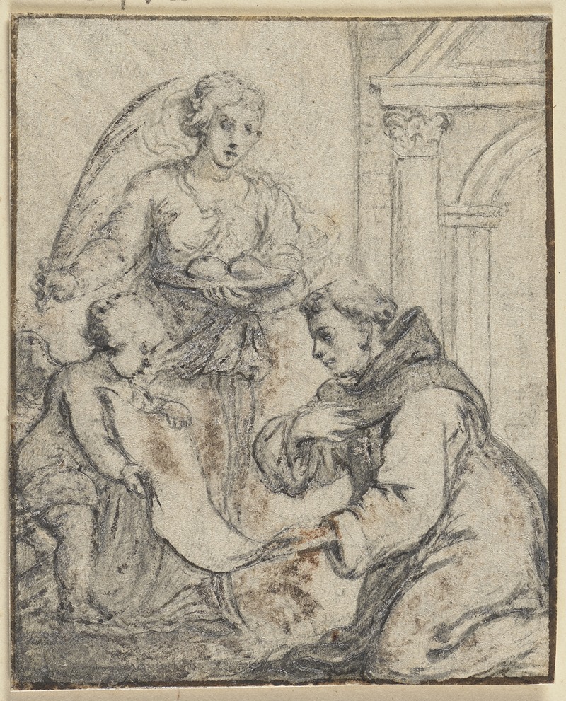Abraham van Diepenbeeck - Ein Mönch kniet vor einem großen Engel, der eine Palme hält und einem kleinen, der eine große Papierrolle hält