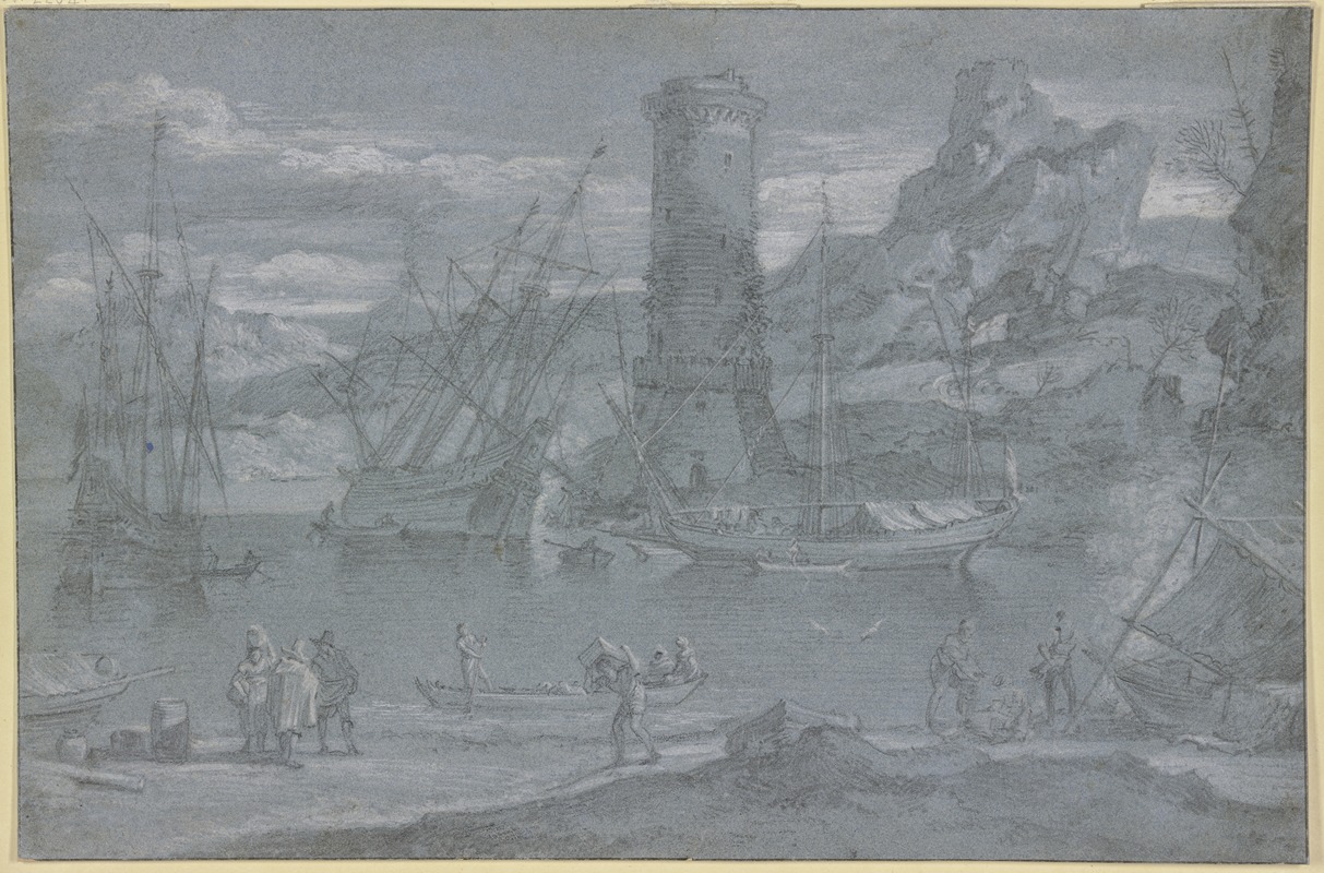 Abraham Willaerts - Seehafen, bei dem Leuchtturm liegt ein Schiff auf der Seite, um repariert zu werden