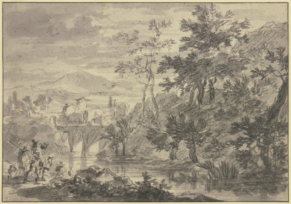 Adam Pynacker - Landschaft mit einem mit Weiden bewachsenem Fluß, über welchen eine Brücke mit drei Bogen führt, vorne Reiter und Fußgänger