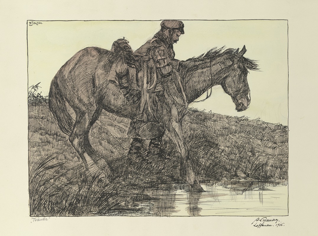 Adolf Jansen - Tränke. Soldat mit Pferd am Wasser