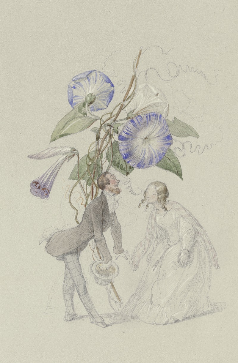 Adolf Schrödter   - Ein Bouquet von blauen Winden, darunter ein sich voreinander verbeugendes Paar