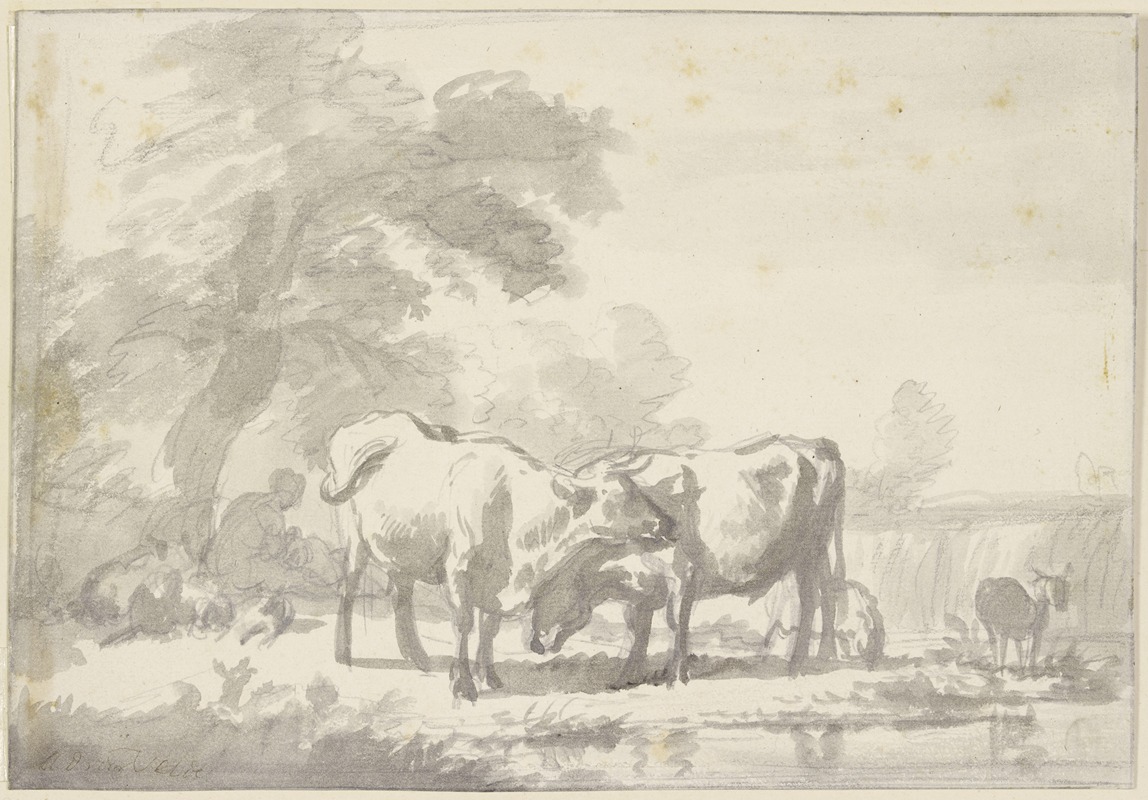 Adriaen van de Velde - Zwei Kühe und einige Schafe, die Hirtin sitzt mit einem Kind unter einem Baum