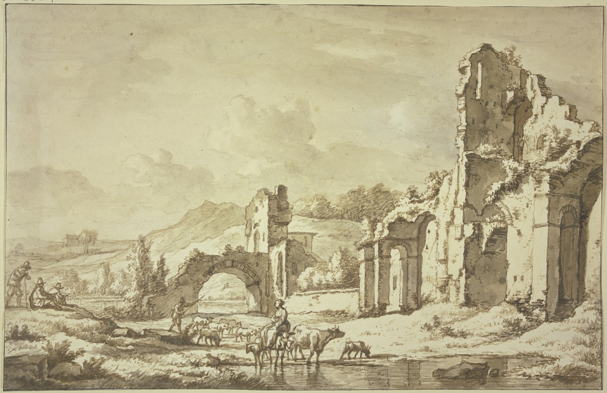 Adriaen van de Velde - Landschaft mit römischen Ruinen, vorne reitet eine Hirtin mit der Herde durchs Wasser, links zwei Maler
