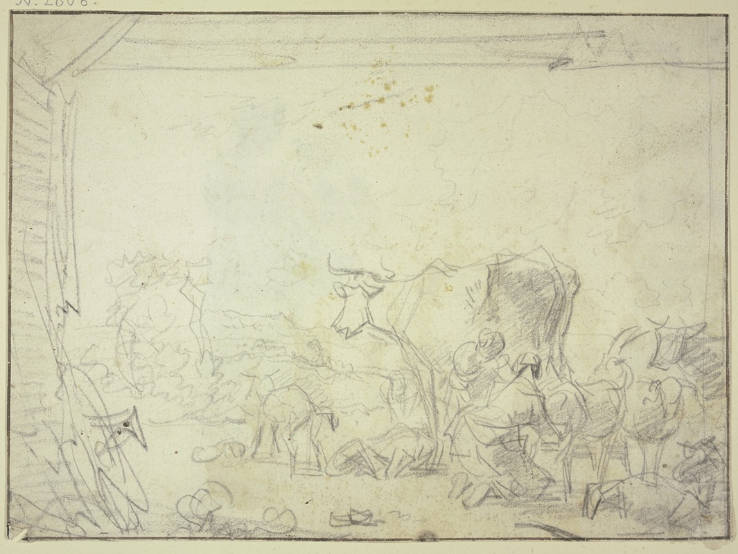 Adriaen van de Velde - Zwei Frauen mit Melken von Schafen und einer Kuh beschäftigt