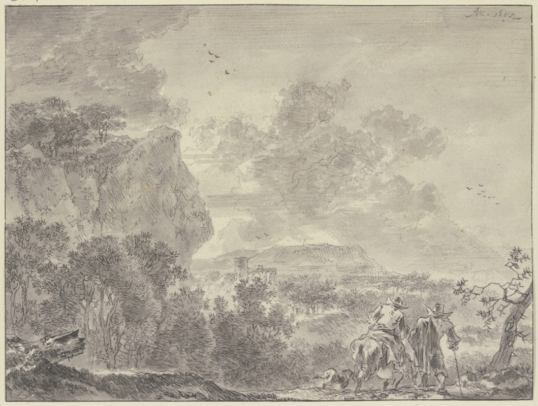 Adriaen van der Cabel - Italienische Landschaft, bewaldete Ebene, vorne zwei Wanderer, der linke beritten