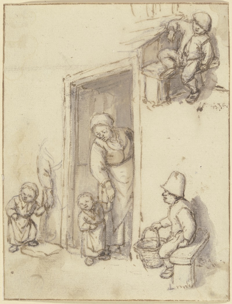 Adriaen van Ostade - Studienblatt; Eine Mutter und ihre Tochter in der Haustür, ein Mädchen an der Hand der Mutter, und zwei sitzende Jungen