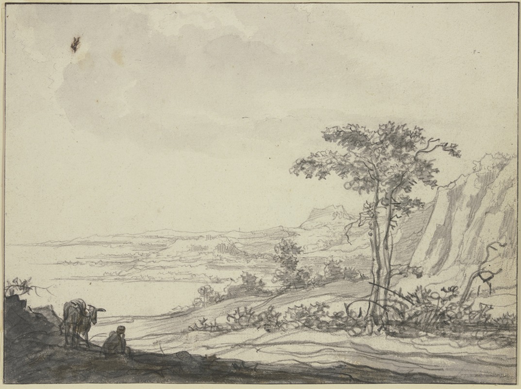 Aelbert Cuyp - Gebirgslandschaft am Meer, links ein sitzender Mann bei einem Esel