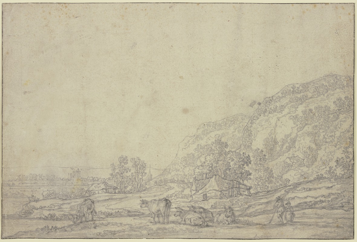 Aelbert Cuyp - Landschaft mit zwei Hütten, rechts hohe Berge, vorne fünf Kühe