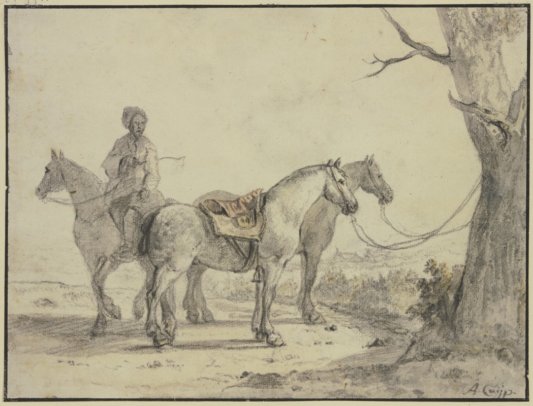 Aelbert Cuyp - Zwei gesattelte Pferde an einen Baum gebunden, dabei ein Reiter