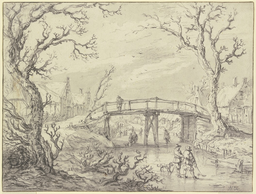 Aert van der Neer - Über einen zugefrorenen Kanal bei einem Dorf eine Holzbrücke, vorne zwei Männer mit einem Hund
