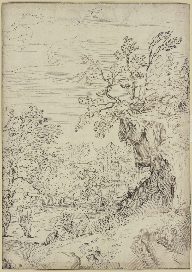 Agostino Carracci - Landschaft mit einem Heiligen und zwei weiteren Figuren