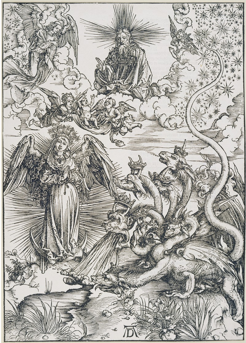 Albrecht Dürer - Das Sonnenweib und der siebenköpfige Drache, aus der Folge der Apokalypse, Latein-Ausgabe 1511