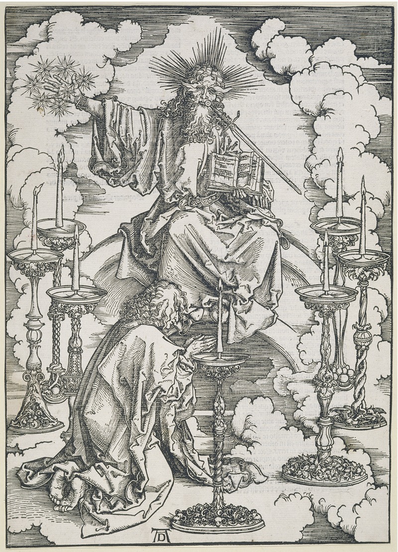 Albrecht Dürer - Johannes erblickt die sieben Leuchter, aus der Folge der Apokalypse, Latein-Ausgabe 1511