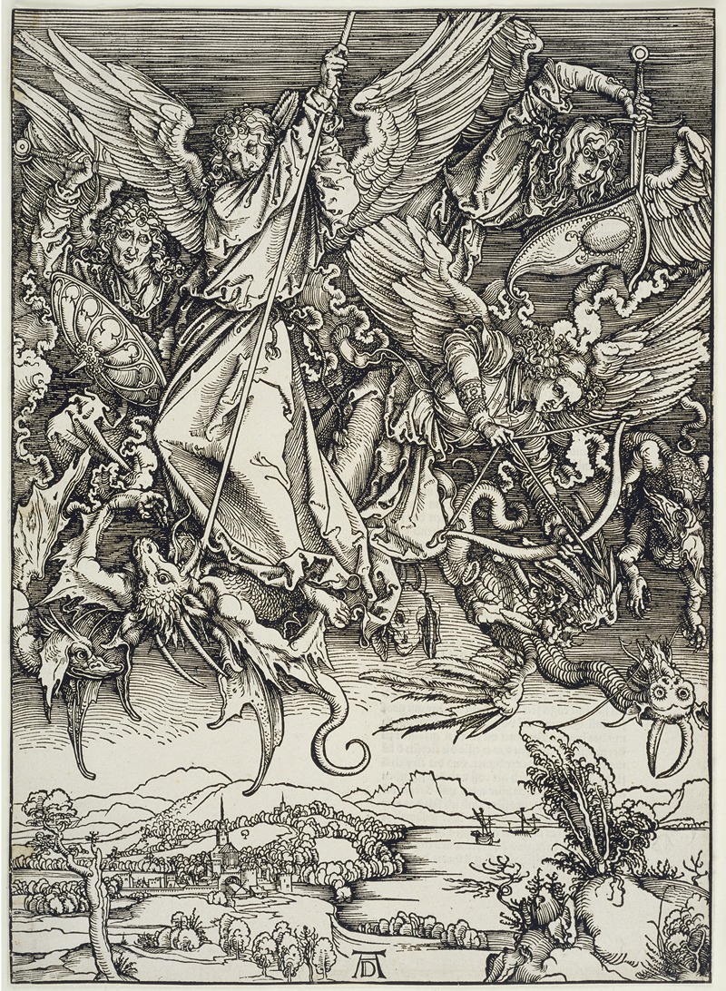 Albrecht Dürer - Michaels Kampf mit dem Drachen, aus der Folge der Apokalypse, Urausgabe Deutsch 1498