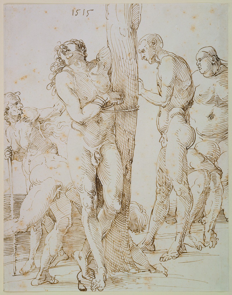 Albrecht Dürer - Sechs nackte Figuren, in der Mitte ein an einen Baum gefesselter Mann