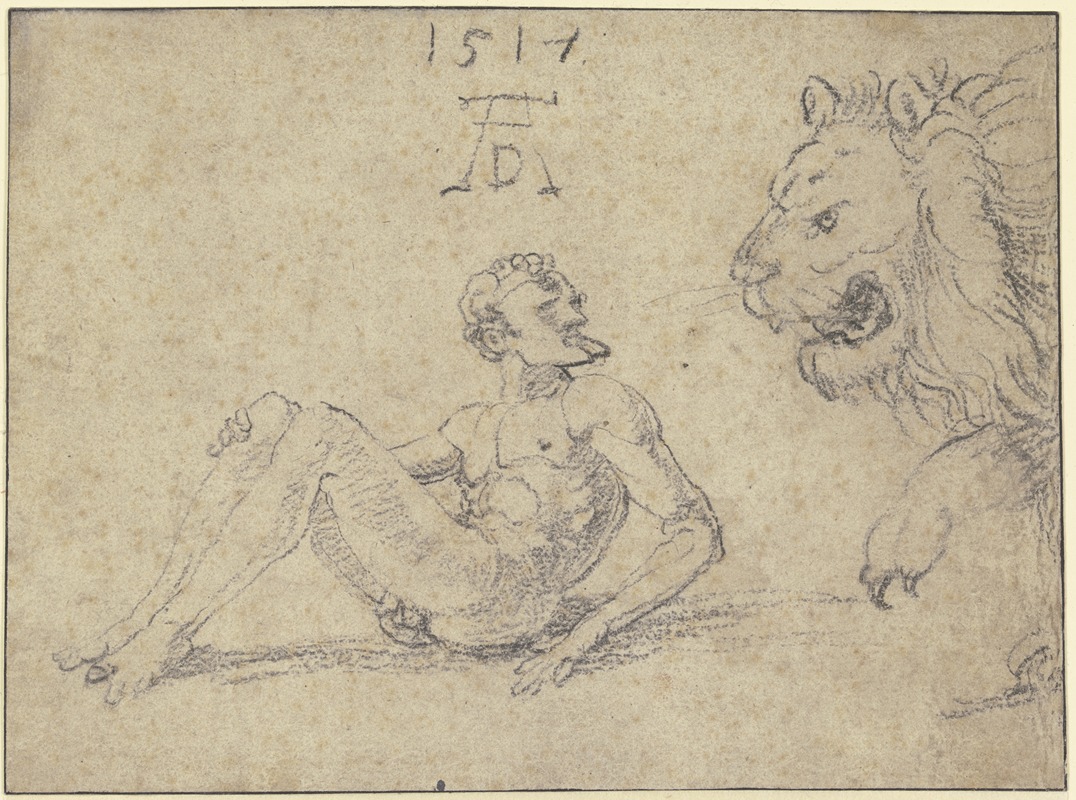 Albrecht Dürer - Sitzender nackter Mann mit einem Löwen