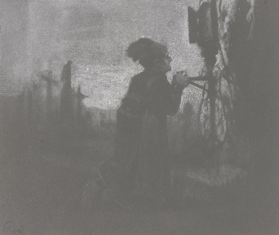 Alois Penz - Alte Frau im Gebet kniend auf einem Friedhof